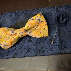 Cork Bow Tie with Elegant Blue Paisley Pocket Square and Lapel pin
